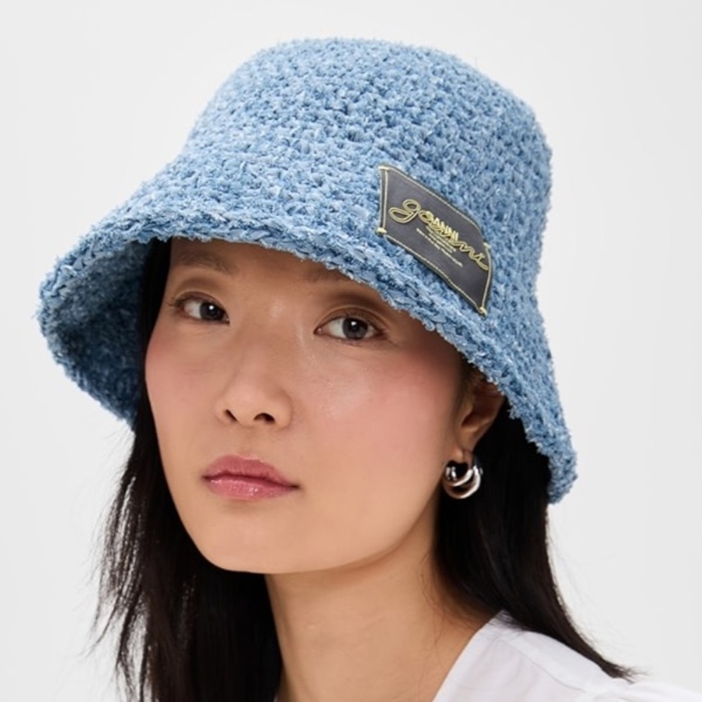 GANNI Cotton Denim Crochet Bucket Hat